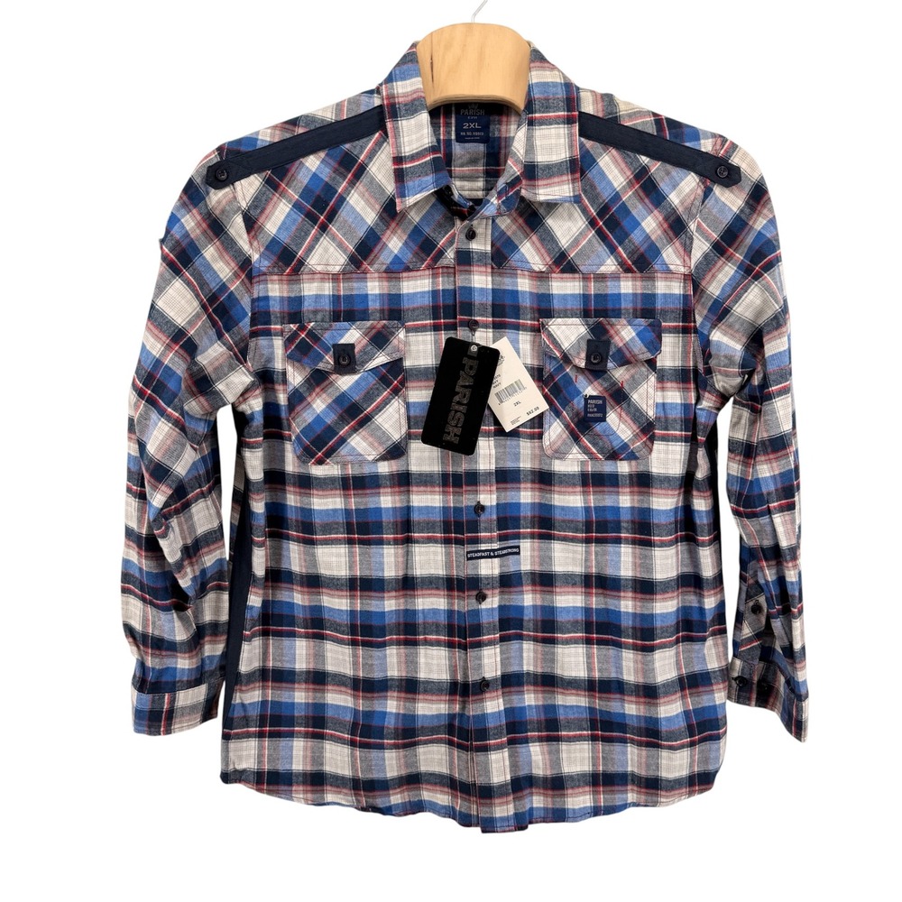 NEW Parish Nation ButtonUp Mens 2XL Shirt Navy Blue Plaid Epaulets Flannel Patch